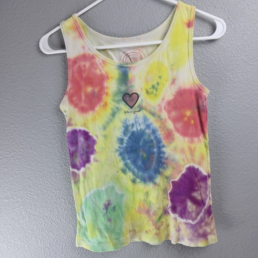 Life is Good Tie Dye Tank Top Heart Graphic Sleeveless Casual Top S